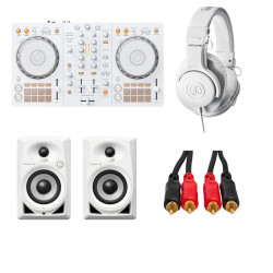 Bundle-Pioneer DDJ-FLX4-W Two Channel DJ Controller (White) Limited Edition W/ Pioneer DM-40D-W 4-Inch Desktop Monitor System, White W/Audio-Technica ATH-M20x Wired Over-Ear Headphones, White and Hosa Gold Tip RCA Cables