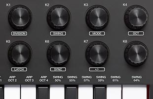 detail top image of Akai Professional MPK Mini Mk3 showing assignable encoder knobs and portion of keybed